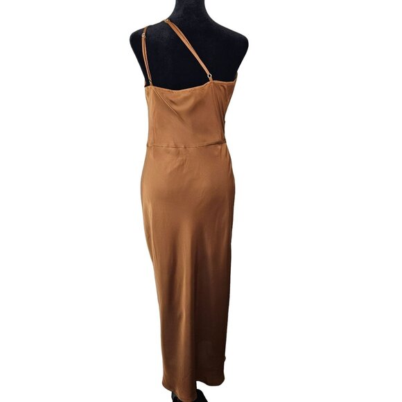 Pretty Garden One-Shoulder Midi Dress Brown Satin Size Medium Party Wedding Chic - Picture 3 of 9
